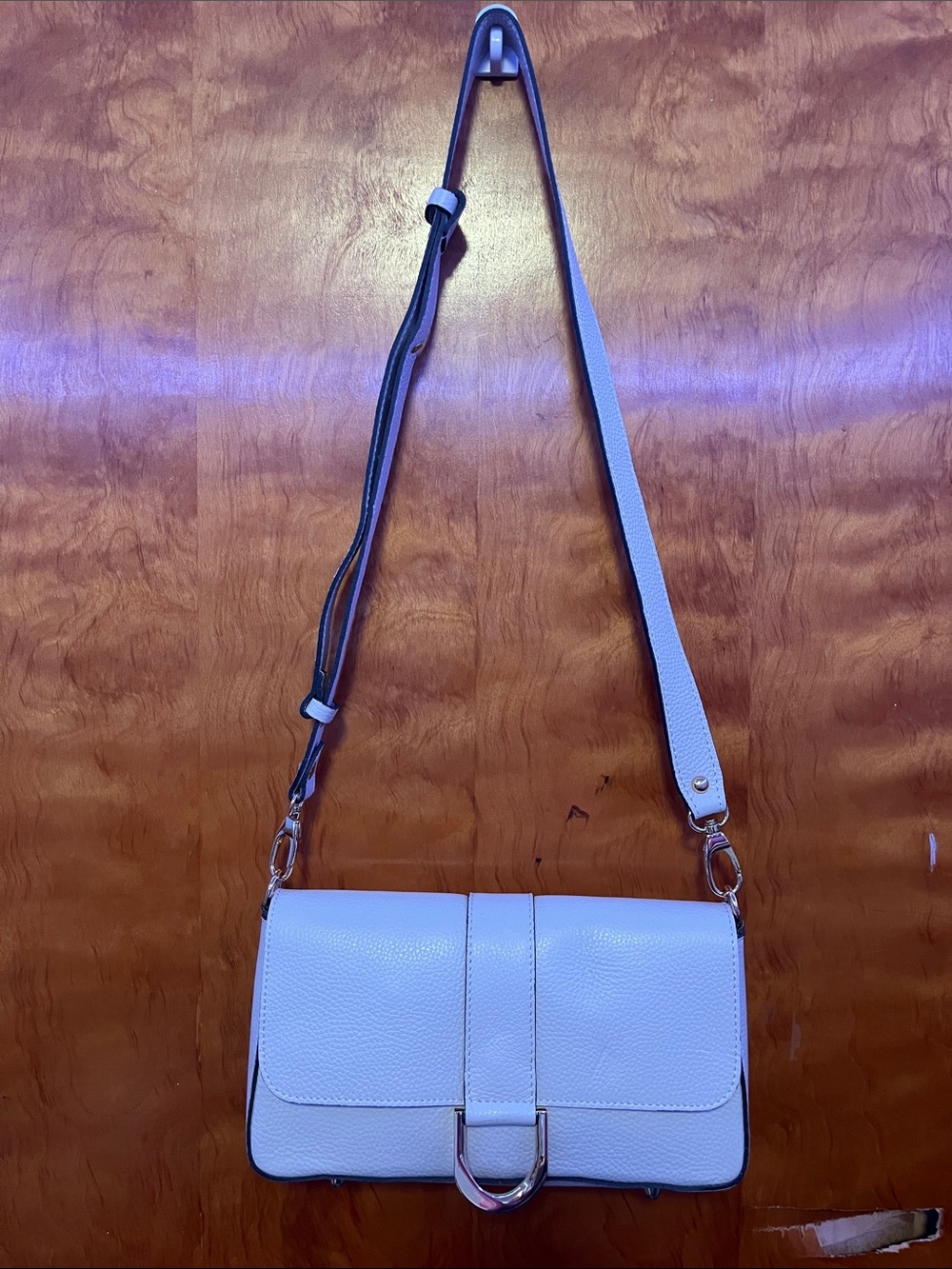 White Leather Shoulder Bag with Gold Ring Accent